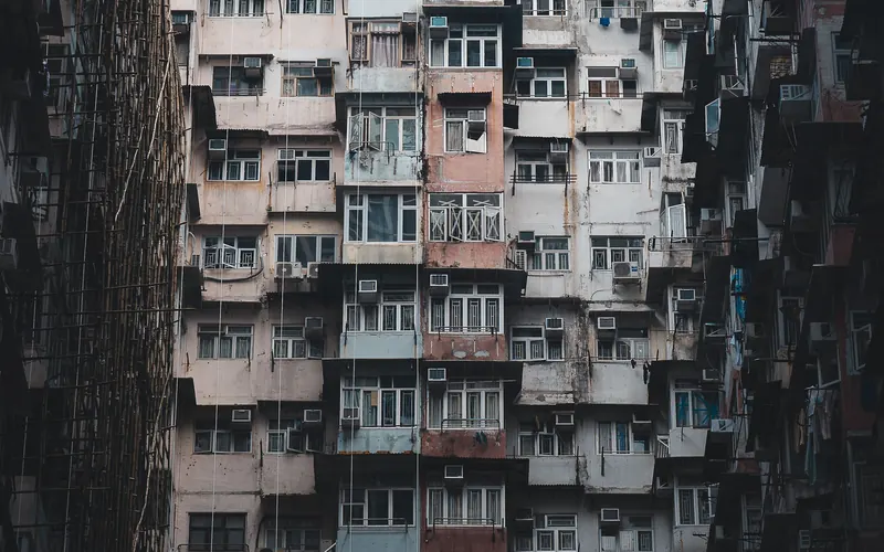 Densely packed residential towers in a Hong Kong housing estate